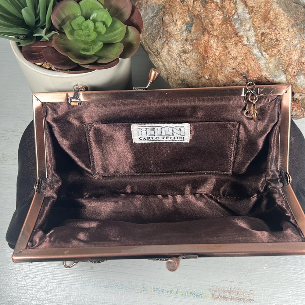 Carlo Fellini Beaded Kiss Lock Crossbody Clutch Wristlet 2 Chains Brown Copper - Picture 8 of 15